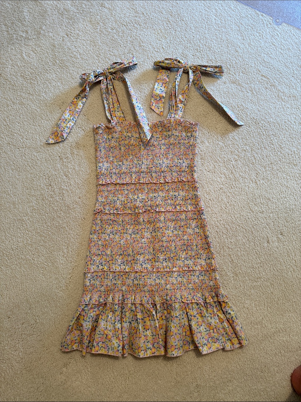 Smocked Floral Tie-Shoulder Kids Casual Dress in Yellow-Pink